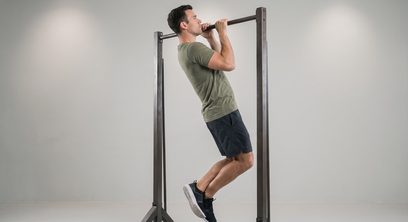 Atlet melakukan commando pull-up dengan tangan dalam pegangan campuran