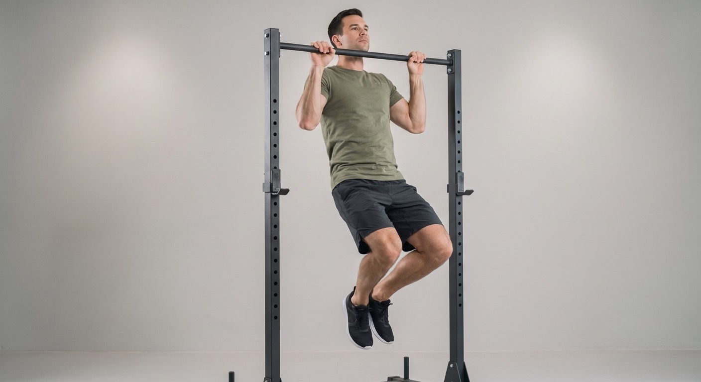 Atlet di dekat puncak kipping pull-up dengan kedua lutut menekuk