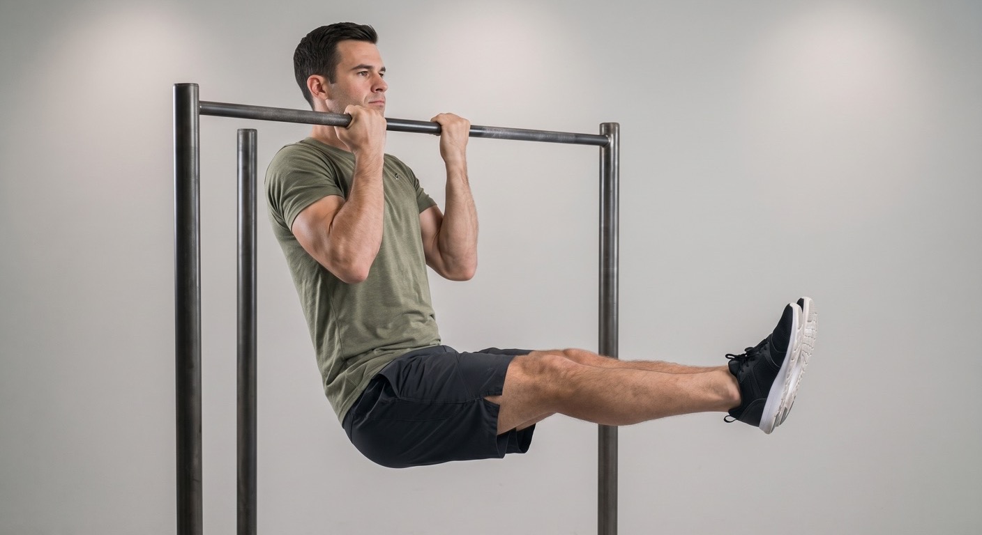 Atlet melakukan L-sit pull-up dengan kaki lurus horizontal