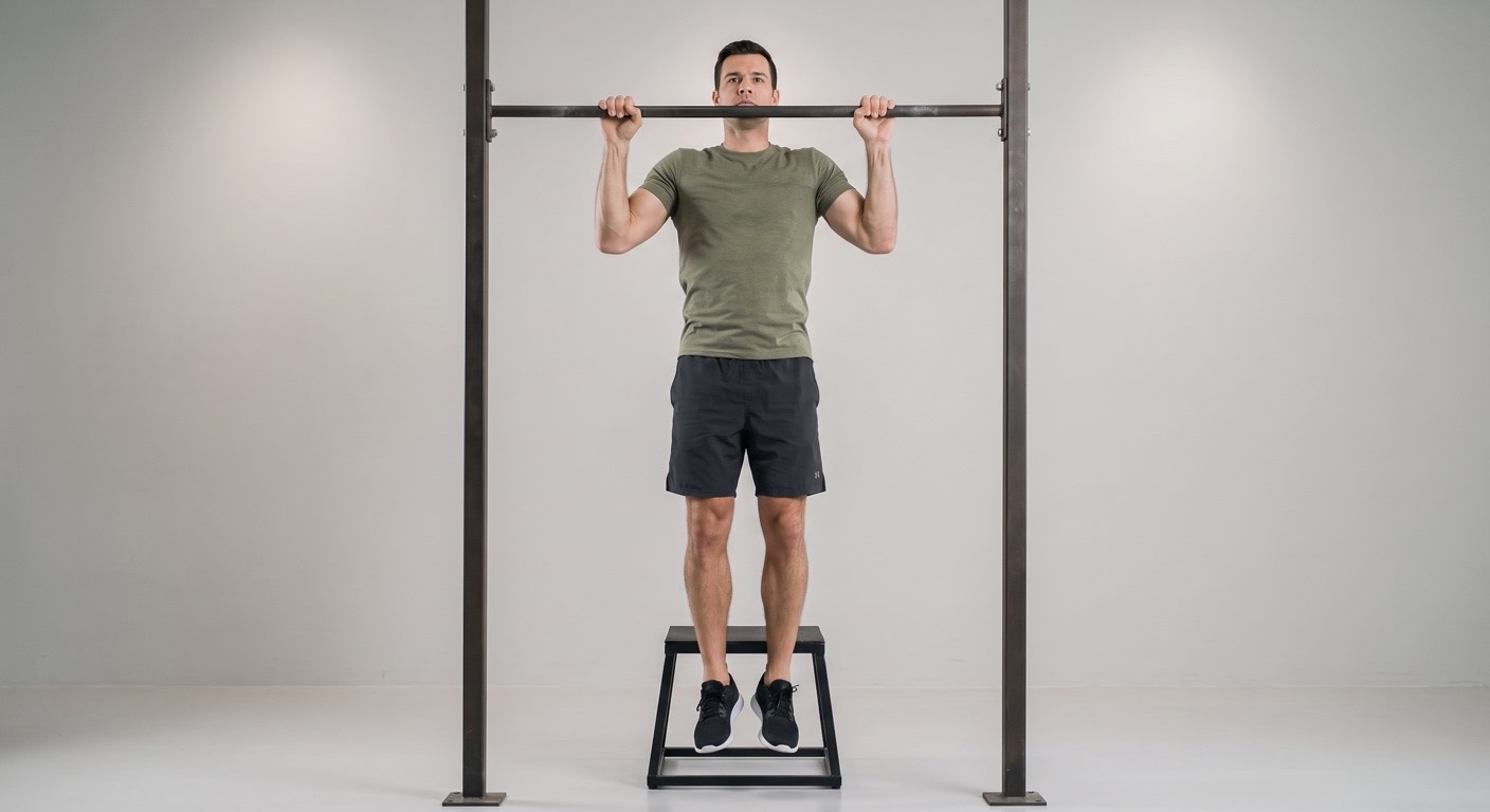 Atlet menurun perlahan dari puncak negative pull-up