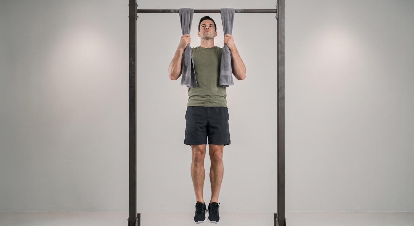 Atlet melakukan pull-up sambil menggenggam dua handuk