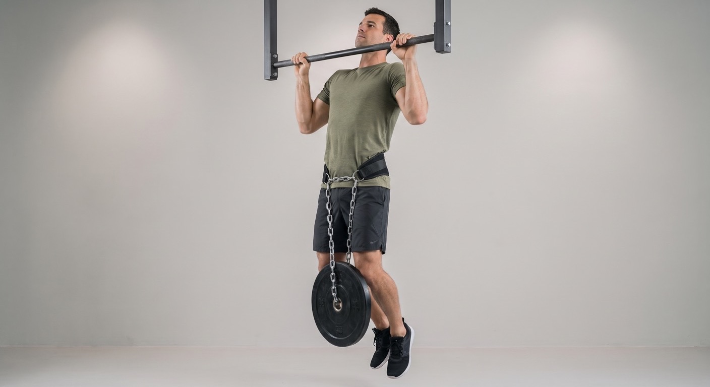 Atlet melakukan pull-up berbeban dengan plat pada dip belt